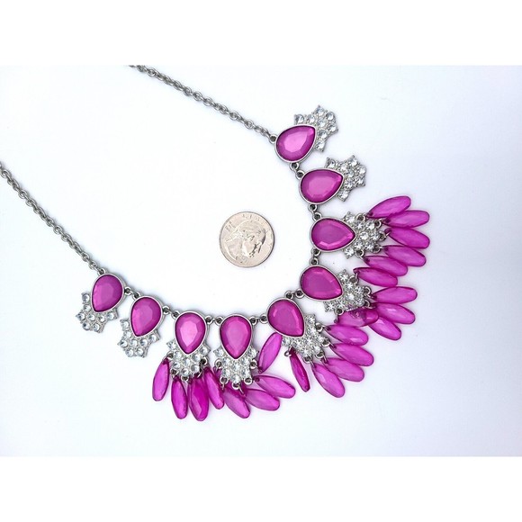 Charming Charlie Fuchsia Pink Beaded Dangle Necklace With Silver Tone Chain - Picture 7 of 7